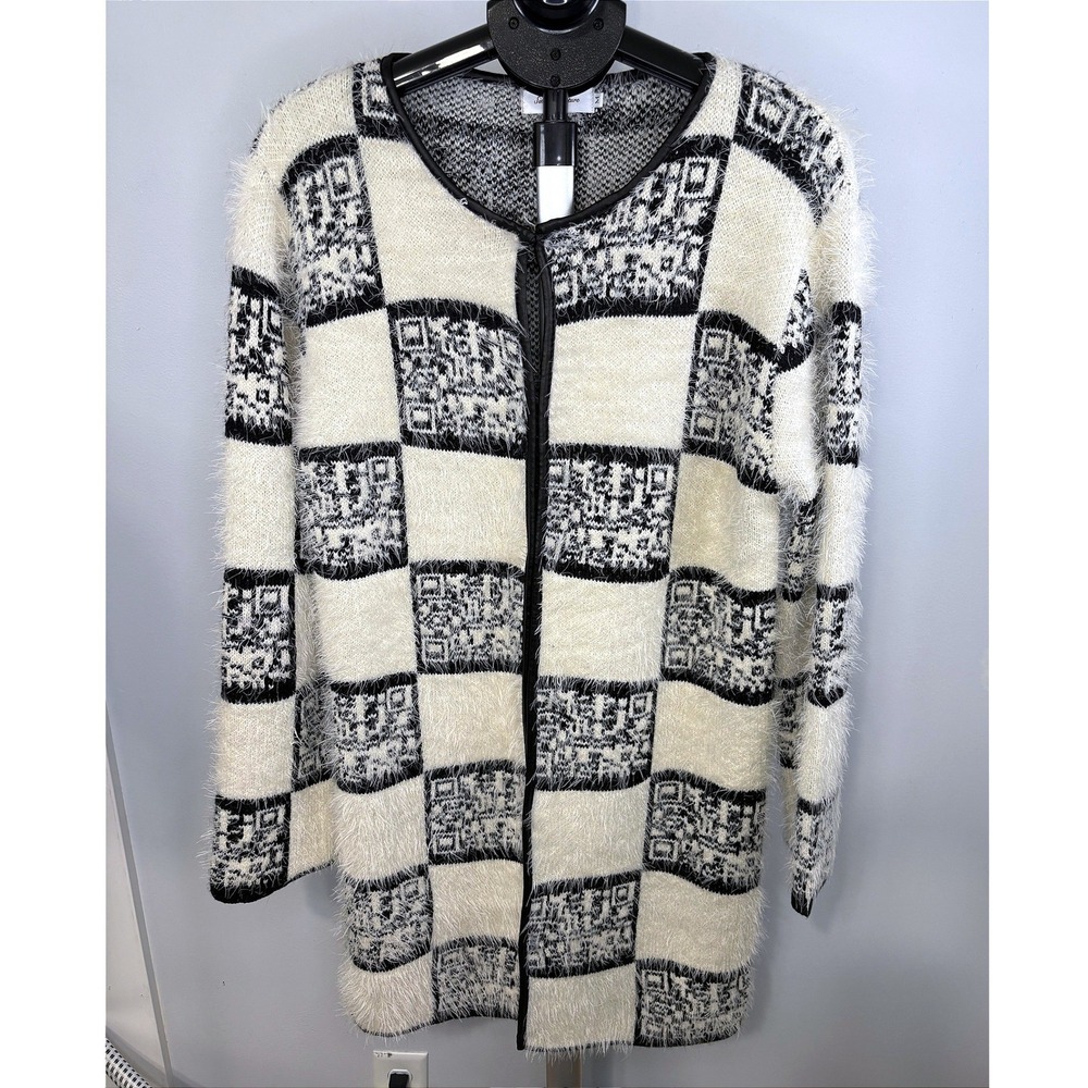 Simply Couture Womens M Wool Blend Fuzzy QR Code Checkered Longline Cardigan